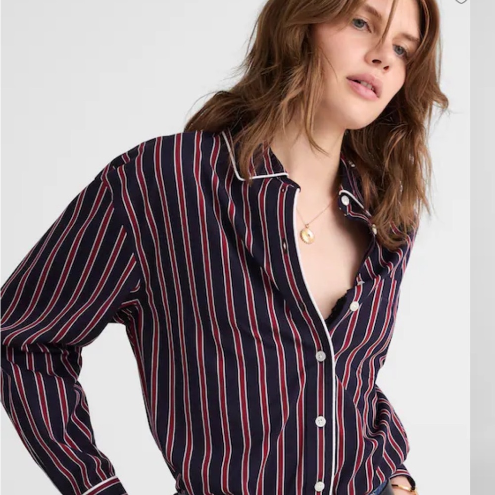 Madewell Navy Boho Shirt Red White Stripes Button Down Poplin Womens XL NWT BD